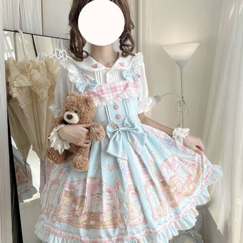 甜美可爱小熊洛丽塔jsk吊带连衣裙甜系格纹蝴蝶结少女日常连衣裙