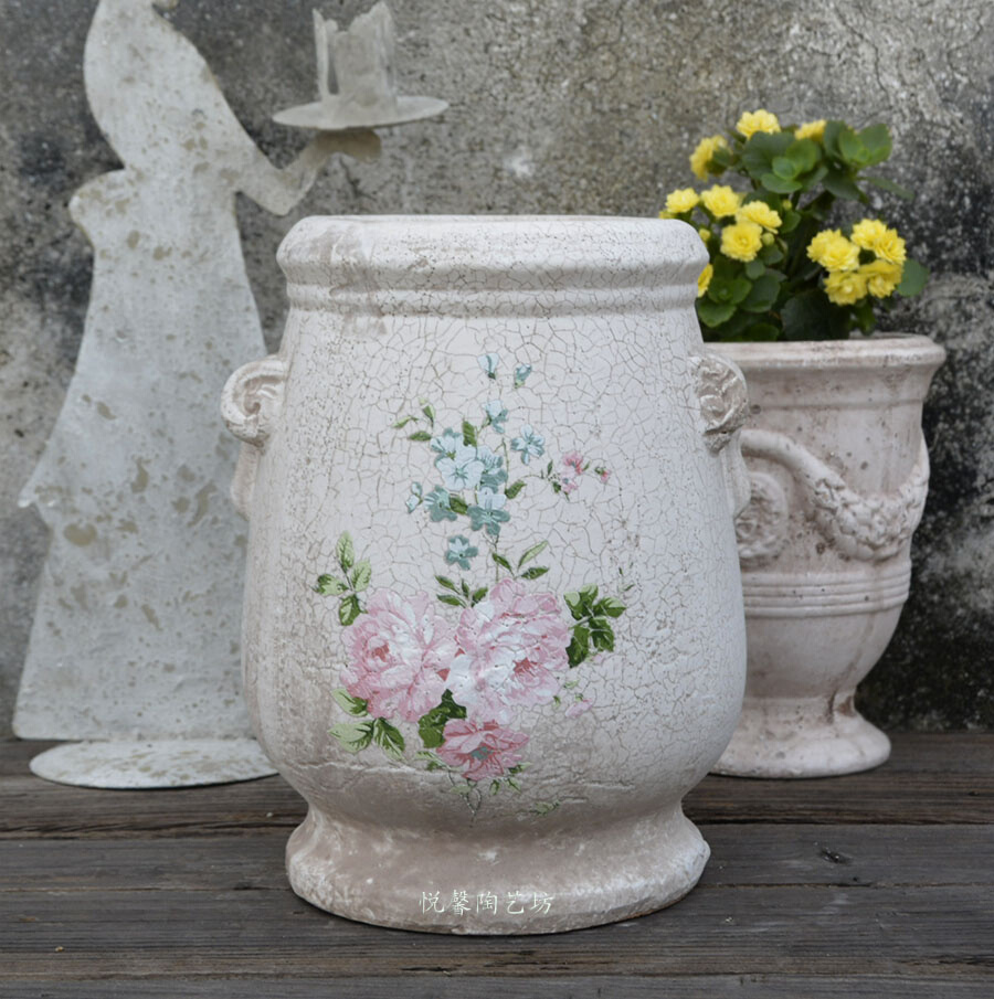 欧式粗陶做旧陶盆 贴花双耳透气花盆 花园阳台庭院花器