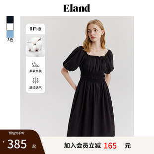 连衣裙女高腰显瘦大裙摆长裙子夏款 Eland奥莱 衣恋方领泡泡袖