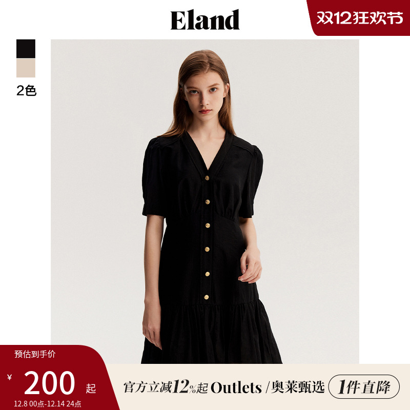 【Eland奥莱】衣恋衬衫短袖连衣裙泡泡袖透气裙子女夏季