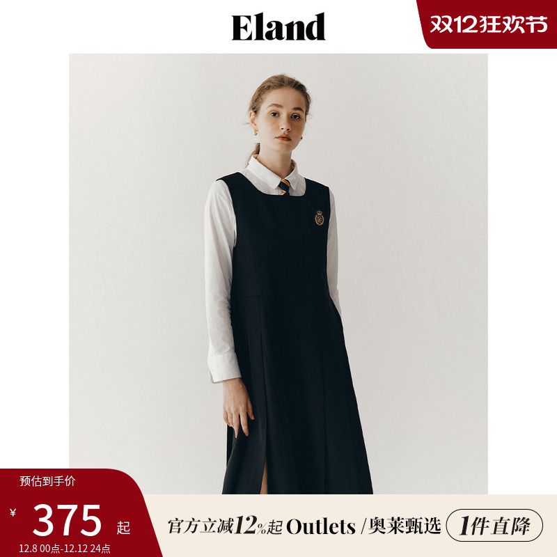 【Eland奥莱】衣恋连衣裙女中长款学院风方领无袖过膝裙子女秋冬