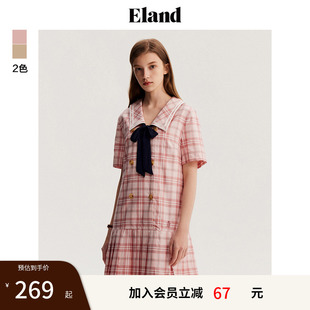 Eland奥莱 衣恋格纹连衣裙蝴蝶结A字裙收腰百褶裙甜美风夏季