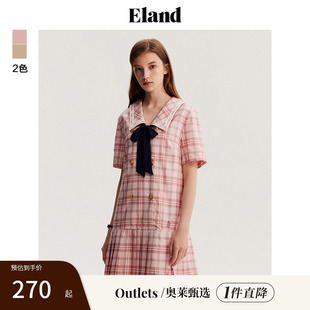 Eland奥莱 衣恋格纹连衣裙蝴蝶结A字裙收腰百褶裙甜美风夏季