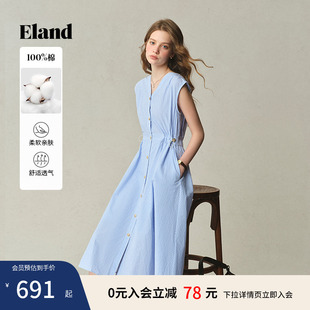 【Eland奥莱】衣恋连衣裙女x形V领开门襟无袖裙子夏季