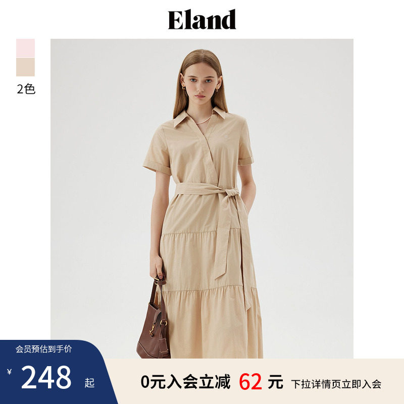 【Eland奥莱】衣恋衬衫连衣裙女V领合体长款裙子夏季款