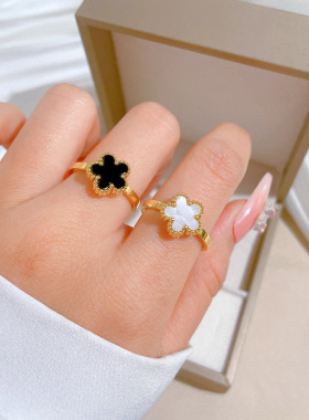 【不掉色】黑白花朵钛钢冷淡风蹦迪戒指男女ins潮个性简约食指环