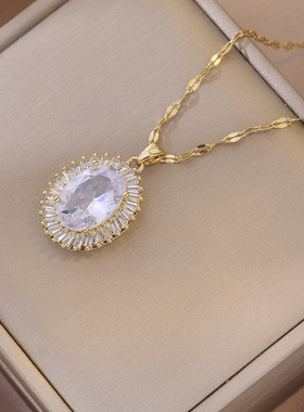 项链女网红白色锆石几何小众轻奢新款设计感吊坠气质跨境钛钢项链