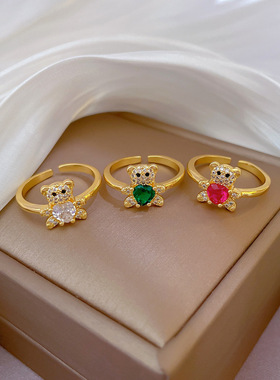 【真金】镶钻小熊开口戒指女日韩小众简约设计感食指戒ring网红