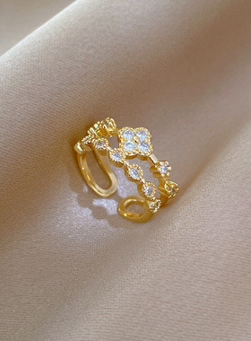 【真金】幸运草满钻戒指开口可调节款简约手饰日系指环情侣对戒