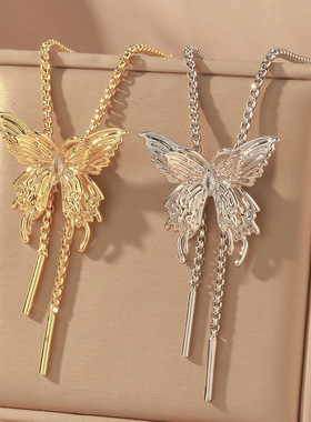 项链女 法式跨境锆石蝴蝶抽拉项链小众时尚气质甜美设计通勤配饰