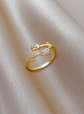 【真金】玫瑰花满钻戒指开口可调节款简约手饰日系指环情侣对戒