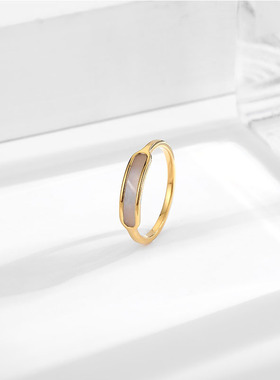 日韩简约气质几何白贝钛钢戒指女设计感小众18k金色不锈钢潮指环