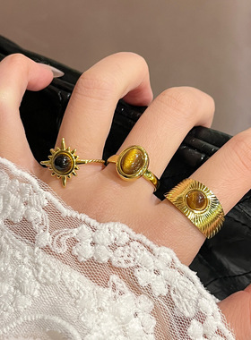 金色太阳花虎眼石戒指女轻奢高级感小众设计复古风开口可调节指环