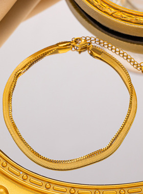 欧美新款小众蛇骨链双层韩钢百搭金色钛简约不锈钢网日红潮脚饰品