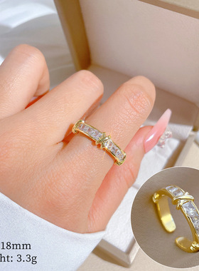 【真金】交叉满锆婚戒戒指开口可调节款简约手饰日系指环情侣对戒