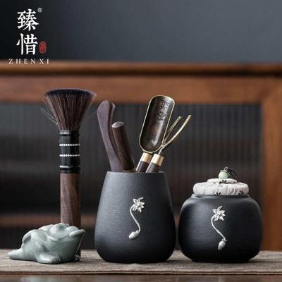 臻惜 黑陶茶道六君子套装黑檀木茶针茶夹子茶道茶具茶盘配件家用