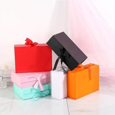 新年丝带翻盖现货折叠盒纯色喜糖盒磁吸化妆品礼品糖果礼盒假发盒