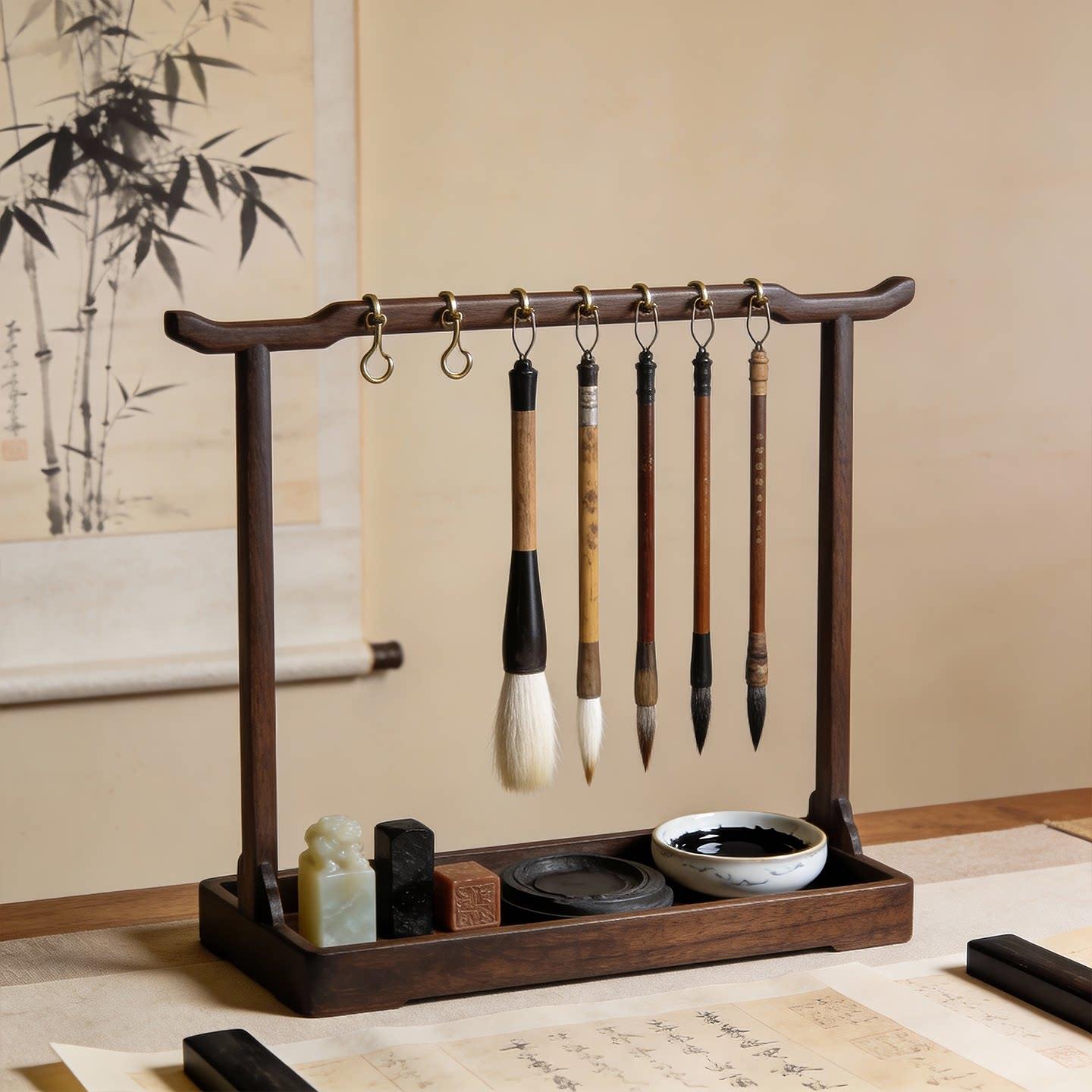 中式实木毛笔挂架书法专用笔架多针毛笔展示架子文房桌面收纳摆件图片