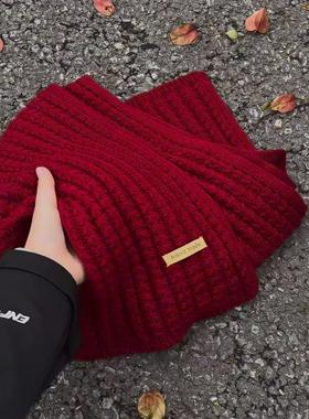 红色新年围巾女冬季保暖纯色韩版加厚针织毛线围脖送男友御寒披肩
