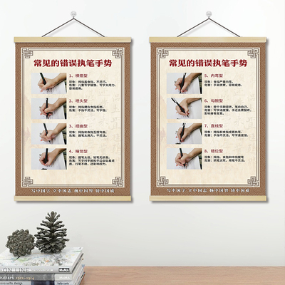 硬笔书法培训班辅导班布置挂图实木挂轴挂画卷轴画少儿握笔坐姿图