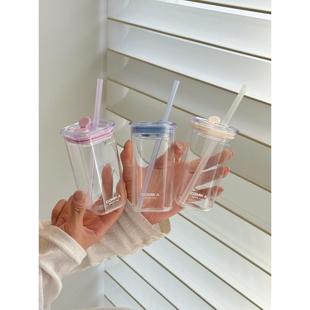 Comika方形杯高硼硅玻璃吸管杯小容量便携式果汁饮料杯耐高温水杯