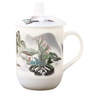 泡茶水杯子 景德镇陶瓷茶杯会议带盖带把手宾馆办公室家用10个套装
