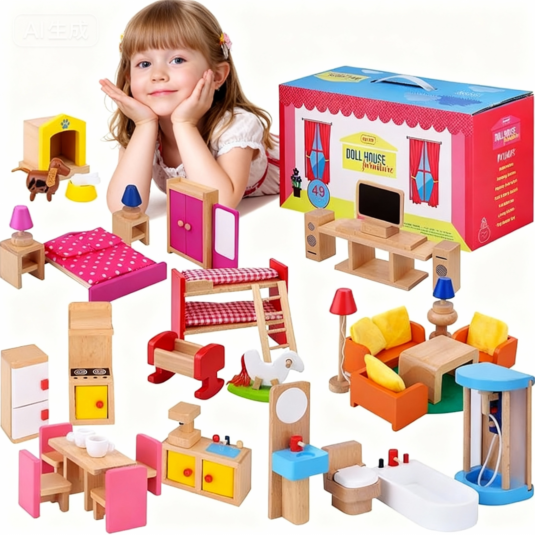 儿童仿真迷你小家具木质摆件卧室过家家玩具女孩娃娃屋浴室场景