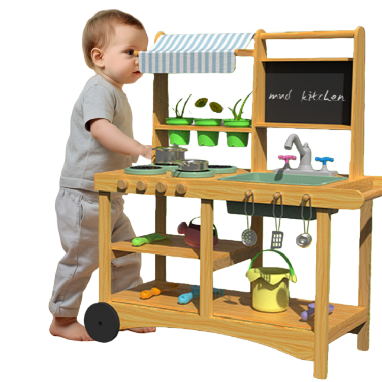 实木玩具儿童小厨房套装厨具全套两轮推车户外过家家玩具做饭灶台