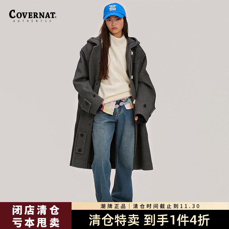 【1件4折】Covernat冬学院风羊毛大衣女牛角扣长款毛呢外套宽松