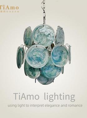 法式Murano穆拉诺吊灯设计款中古风卧室餐厅楼道蓝色圆盘玻璃吊灯