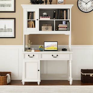 实木书桌书架一体桌卧室现代简约学生写字台家用书台书柜组合 美式