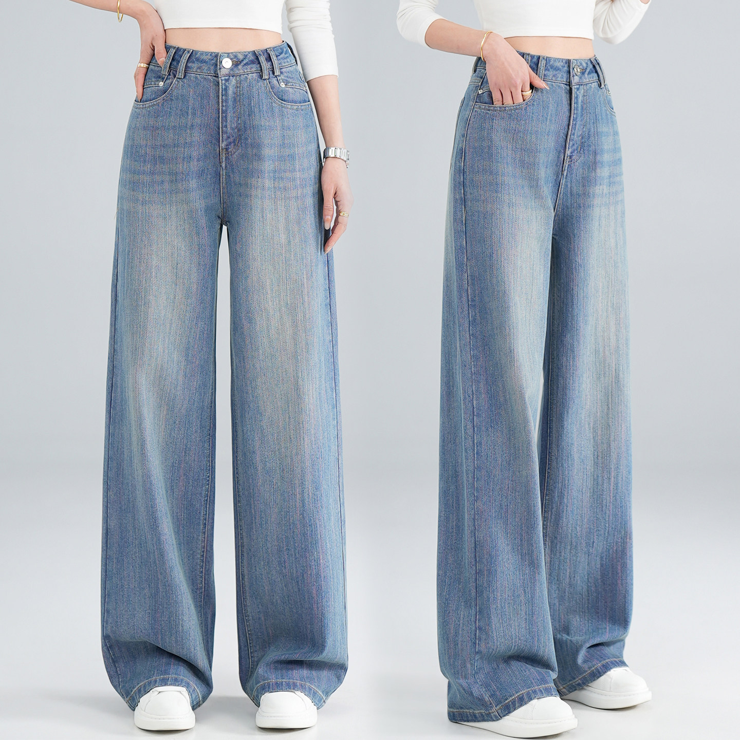 阔腿牛仔裤女款2026春秋新款窄版直筒高腰浅蓝色显瘦宽松拖地长裤