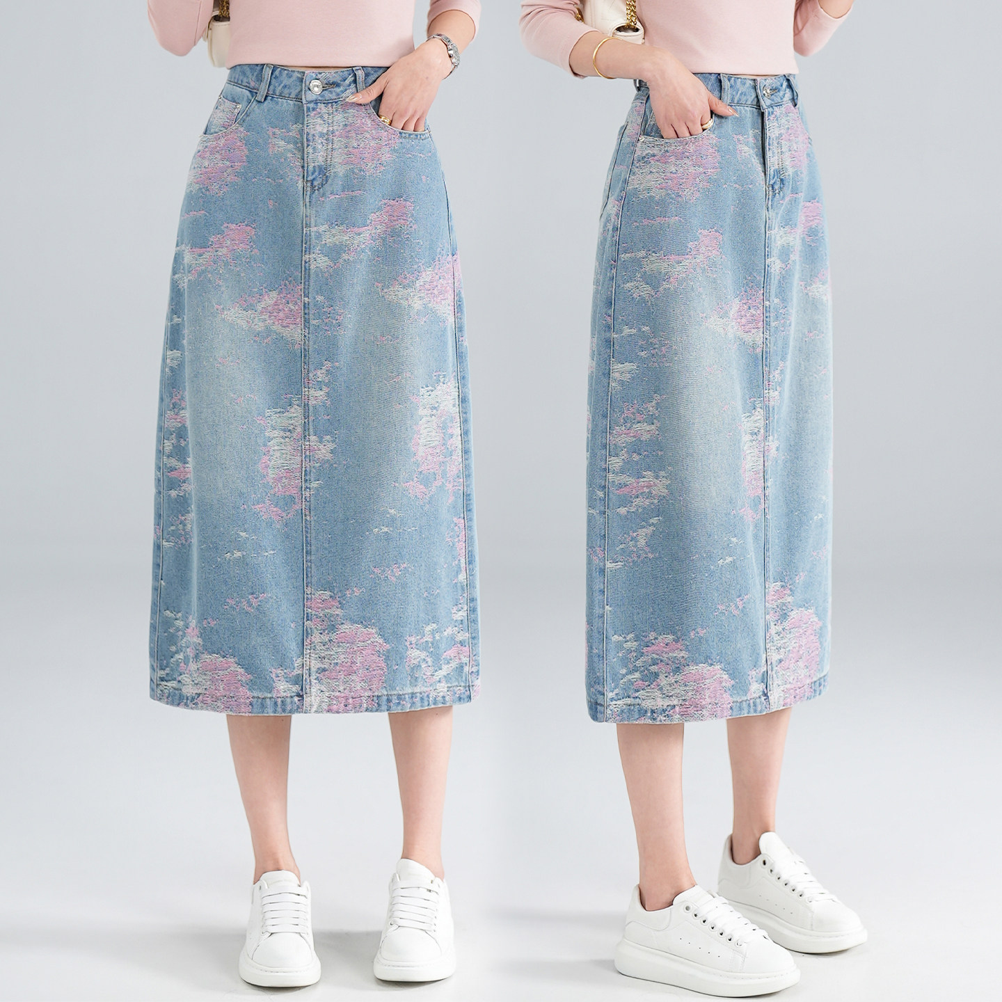 牛仔裙女春季2026年新款高腰中长款A字轻奢提花浅蓝色直筒半身裙,女装/女士精品,半身裙,淘宝优惠券,粉丝福利购,淘宝优惠卷