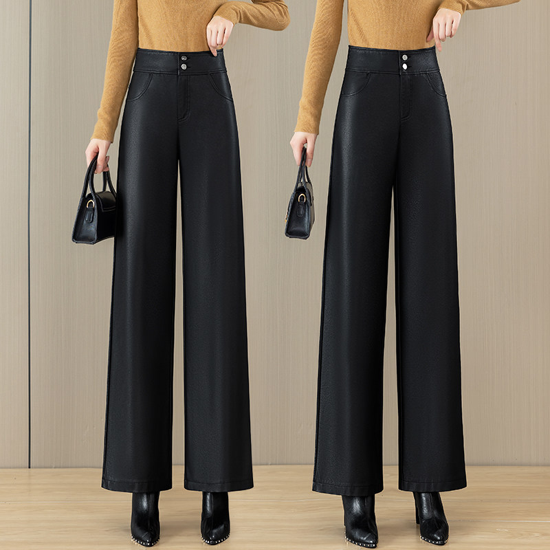 垂感柔软时尚皮裤女2026春秋新款高腰直筒裤子双扣休闲PU皮阔腿裤,女装/女士精品,休闲裤,淘宝优惠券,粉丝福利购,淘宝优惠卷