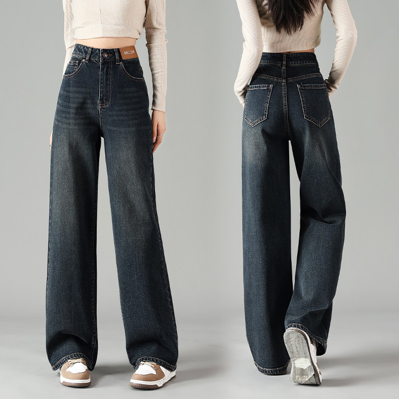 复古蓝高腰牛仔裤女2026年春季新款宽松显瘦百搭窄版直筒阔腿长裤
