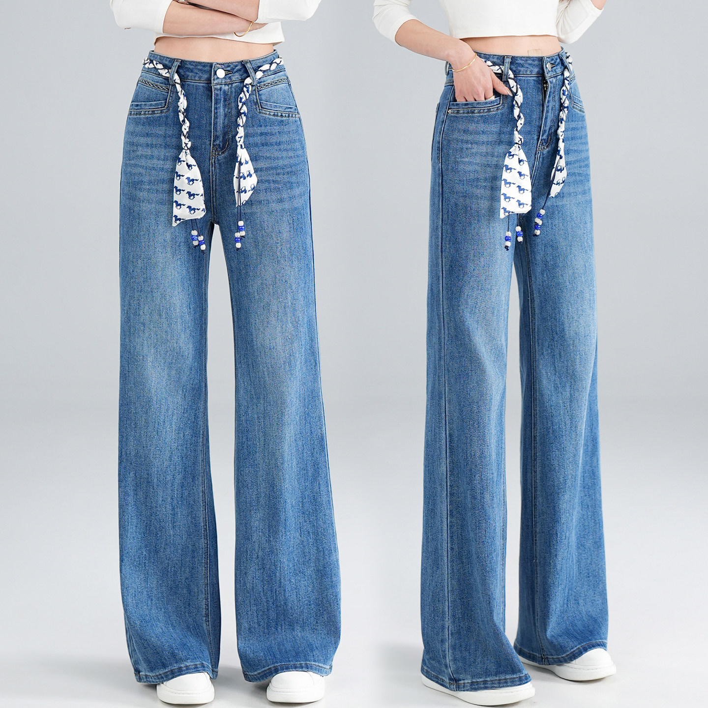 直筒微喇牛仔裤女春季2026新款宽松显瘦复古丝带高腰阔腿筒喇长裤,女装/女士精品,牛仔裤,淘宝优惠券,粉丝福利购,淘宝优惠卷
