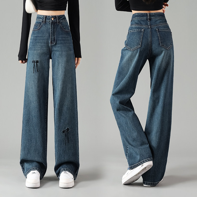 复古蓝阔腿牛仔裤女2026年春季新款蝴蝶结宽松显瘦窄版直筒裤长裤,女装/女士精品,牛仔裤,淘宝优惠券,粉丝福利购,淘宝优惠卷