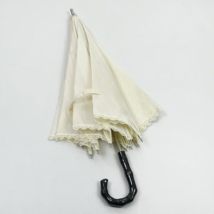 日单两段式精品竹节手动素色蕾丝花边女士轻量便携长柄遮阳小洋伞