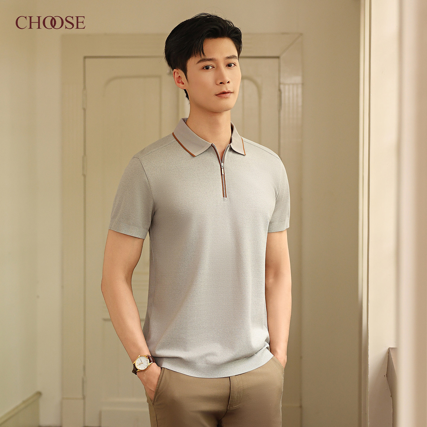 CHOOSE男士翻领POLO衫短袖灰色商务休闲T恤高级感百搭