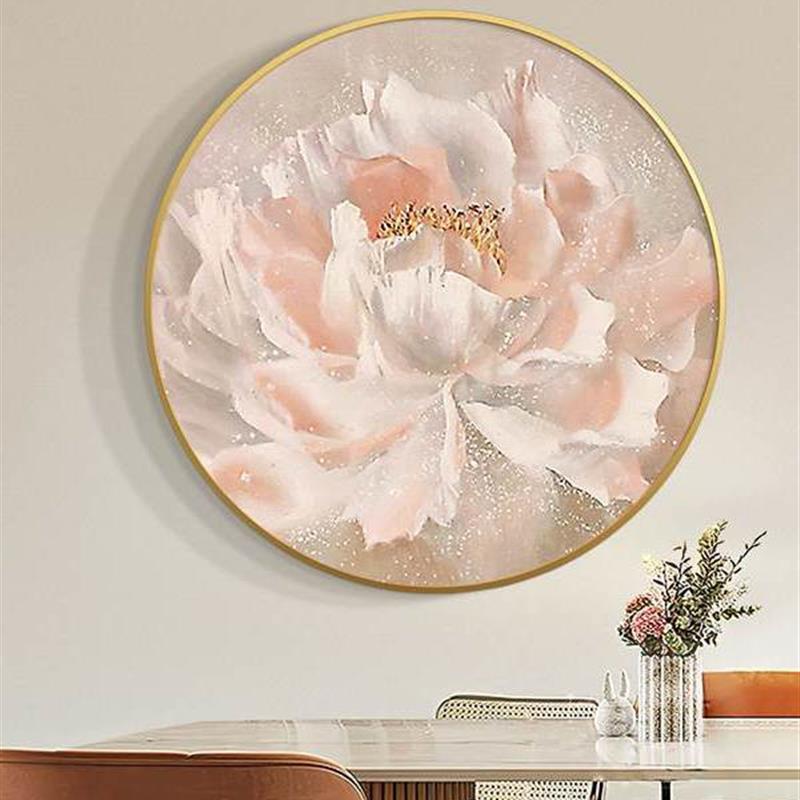 牡丹花手绘油画圆形客厅挂画花开富贵轻奢简约花卉玄关餐厅装饰画图片
