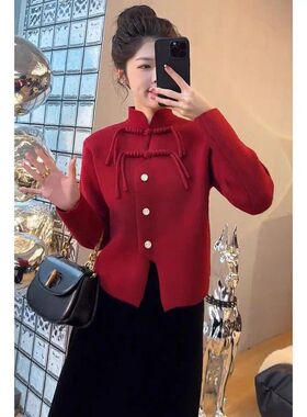 今年流行漂亮穿搭一整套女2024早春季红色毛衣搭配连衣裙子两件套