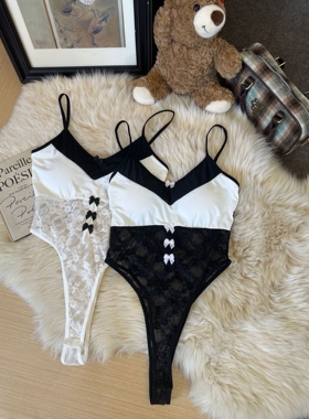 2045#辣妹撞色蝴蝶结吊带背心修身蕾丝纯欲性感内搭紧身连体上衣