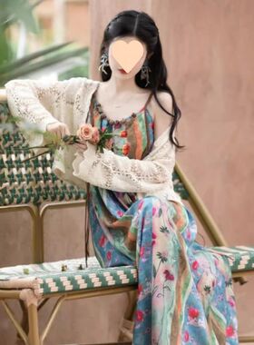 新中式吊带连衣裙两件套民族国风2024夏法式复古油画度假长裙套装