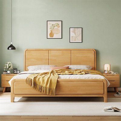 北欧实木床1.5m床单人床硬靠小户型卧室齐边床1.8m简约双人床婚床