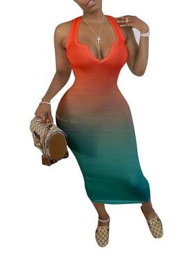 5332跨境女装欧美亚马逊新款性感紧身V领渐变色连衣裙 中长裙优雅