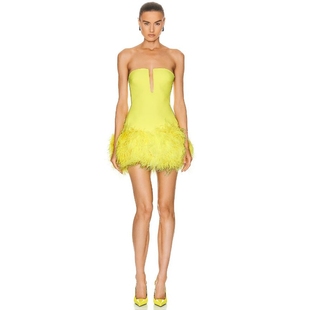 高质感女装深v抹胸裙鸵鸟毛包臀短款礼服设计感绷带连衣裙知性风