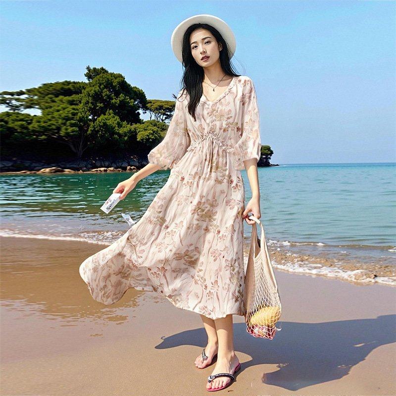 裙子女夏连衣裙春季新款气质高级感小个子雪纺收腰显瘦中长款印花,女装/女士精品,大码连衣裙,淘宝优惠券,粉丝福利购,淘宝优惠卷