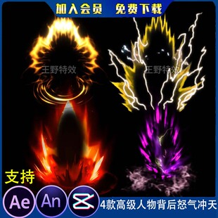 4款高级沙雕动画人物背后怒气冲天斗气环绕超级塞亚人AN特效素材