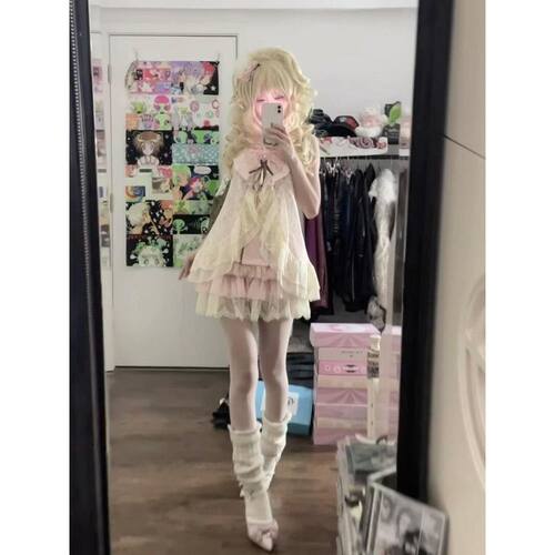 现货 古早奈奈日系古着vintage设计感蝴蝶结无袖甜美短裙夏季套装