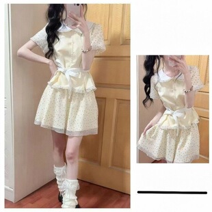 甜美风奶油波点法式 上衣系带可爱短裙高腰蛋糕裙两件套 娃娃领短袖